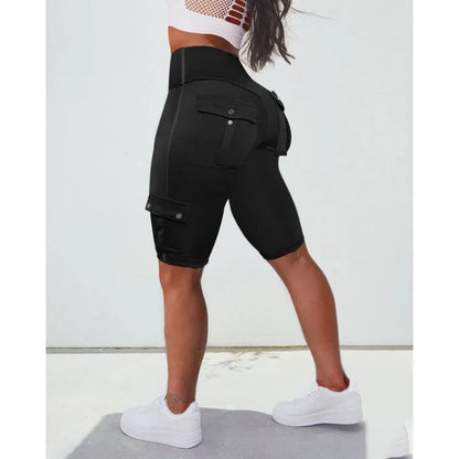 2024 Spring Summer New Women's Solid Color Pocket Stitching Hip Raise Skinny Yoga Shorts Gym