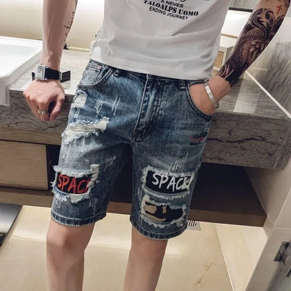 Short Jeans Pants for Men Ripped Bermuda Graphic Man Denim Shorts Streetwear Trend 2024 Thin Original New in Retro Sale Cowboy