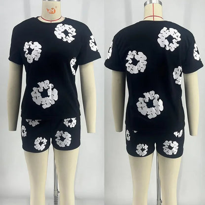 Floral Printed Short Sets Womens 2 Piece Outfits Casual T-shirt Top and Shorts Sporty Running Joggers Tracksuit Matching Sets