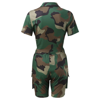 Ladies Street Camouflage Outwear Set Short Sleeve Pocket Front Shirt And Cargo Shorts Suit 2024 Two Pieces Set Outfit Tracksuit