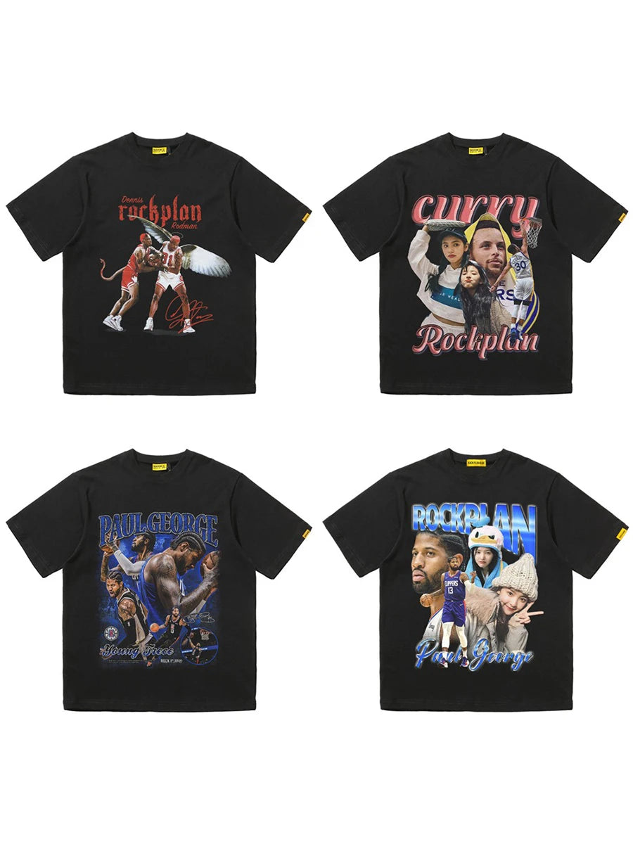 Rock Plan American T-shirt NBA Player Print Graphic T Shirts Sleeve Cotton Street Half Sleeve Oversized T Shirt Men Clothing