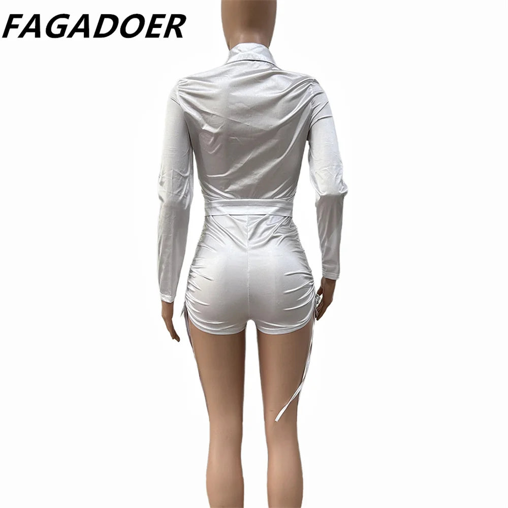 FAGADOER Spring New Solid Color Drawstring Bodycon Rompers Women Turndown Collar Long Sleeve Slim Jumpsuits Fashion Slim Overall