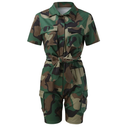 Ladies Street Camouflage Outwear Set Short Sleeve Pocket Front Shirt And Cargo Shorts Suit 2024 Two Pieces Set Outfit Tracksuit