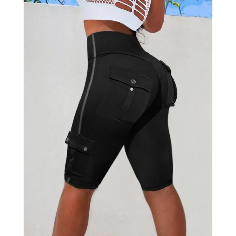 2024 Spring Summer New Women's Solid Color Pocket Stitching Hip Raise Skinny Yoga Shorts Gym