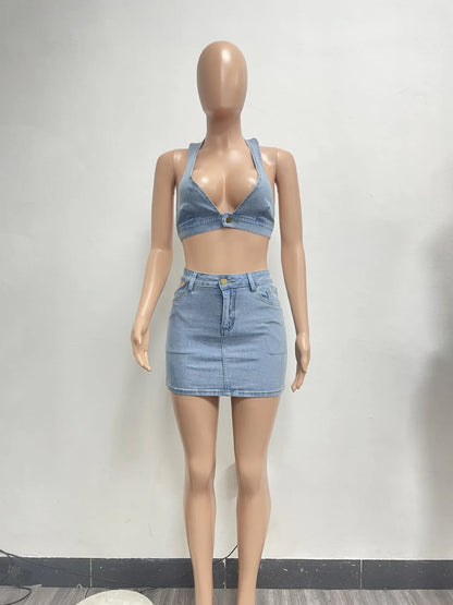 Denim Crop Tops Dress 2 Piece Mini Skirt Sets Women Sexy Cargo Dress Y2K Denim Jean Two Piece Sets Summer Outfits Clothes