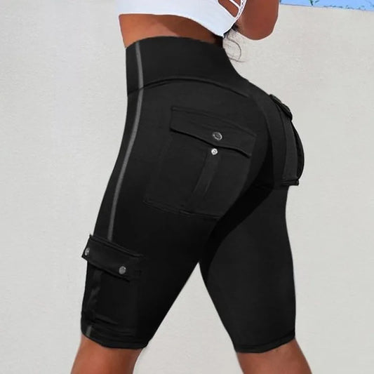 2024 Spring Summer New Women's Solid Color Pocket Stitching Hip Raise Skinny Yoga Shorts Gym