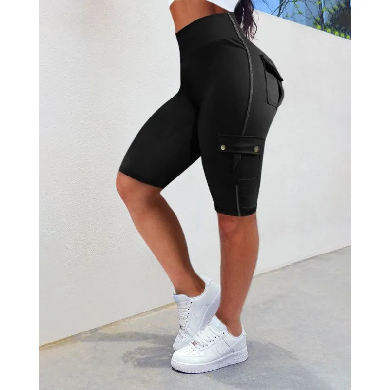 2024 Spring Summer New Women's Solid Color Pocket Stitching Hip Raise Skinny Yoga Shorts Gym