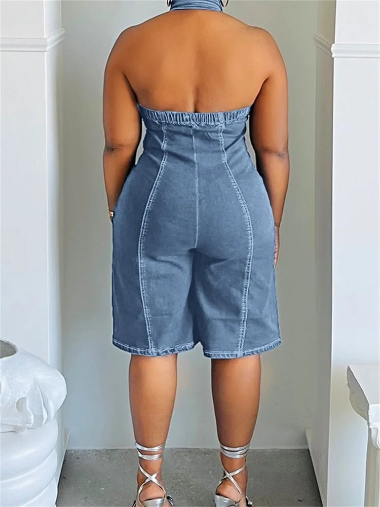 Wmstar Jumpsuit Women Clothing Denim V Neck Zipper Pockets Casual Playsuits New One Piece Outfit Wholesale Dropshipping 2024