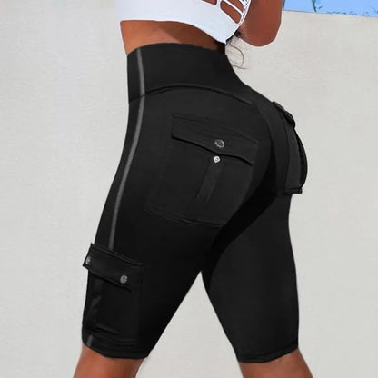 2024 Spring Summer New Women's Solid Color Pocket Stitching Hip Raise Skinny Yoga Shorts Gym