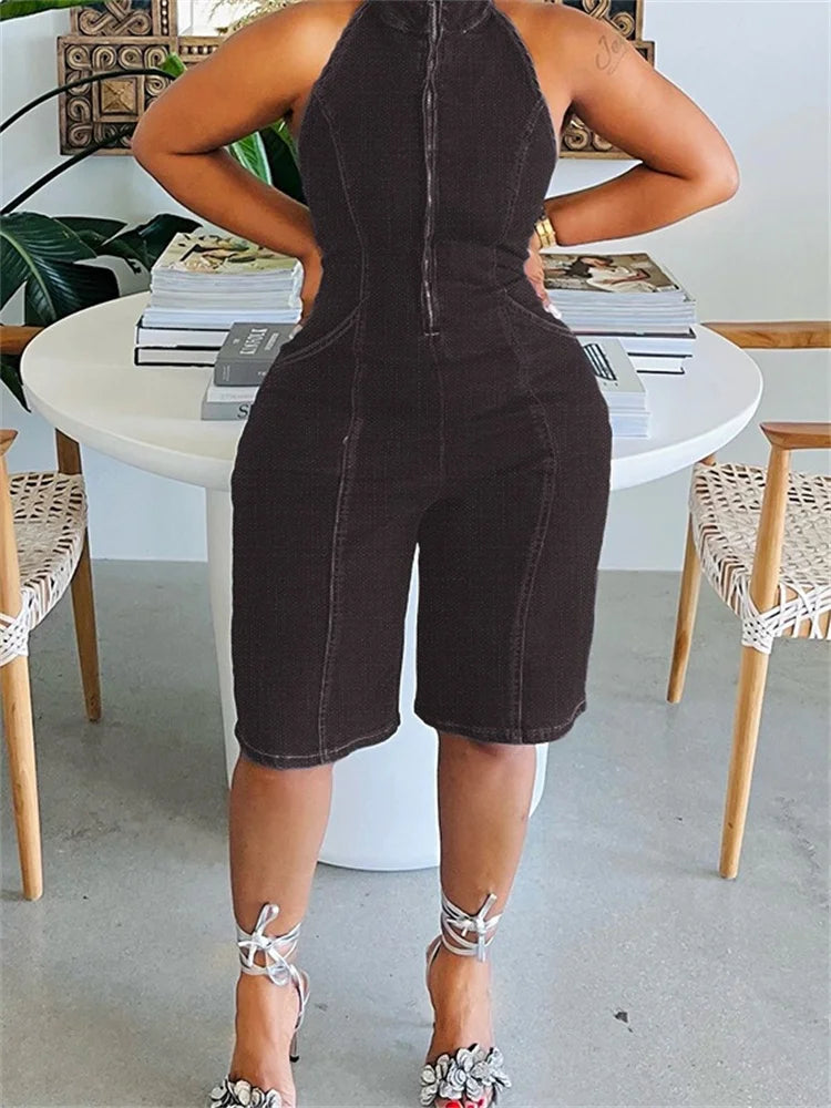 Wmstar Jumpsuit Women Clothing Denim V Neck Zipper Pockets Casual Playsuits New One Piece Outfit Wholesale Dropshipping 2024