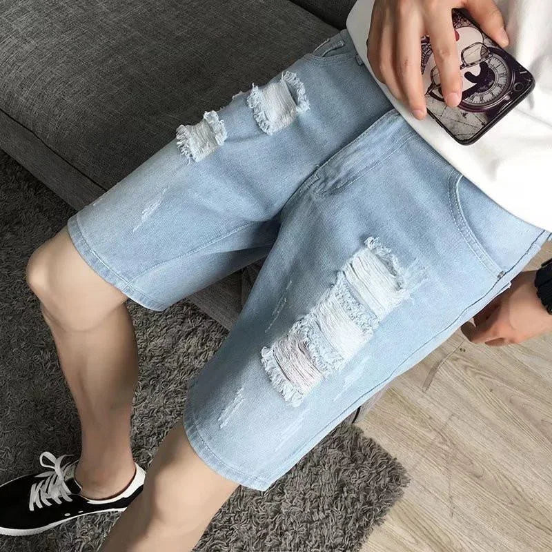 Short Jeans Pants for Men Ripped Bermuda Graphic Man Denim Shorts Streetwear Trend 2024 Thin Original New in Retro Sale Cowboy