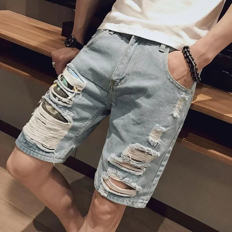 Short Jeans Pants for Men Ripped Bermuda Graphic Man Denim Shorts Streetwear Trend 2024 Thin Original New in Retro Sale Cowboy